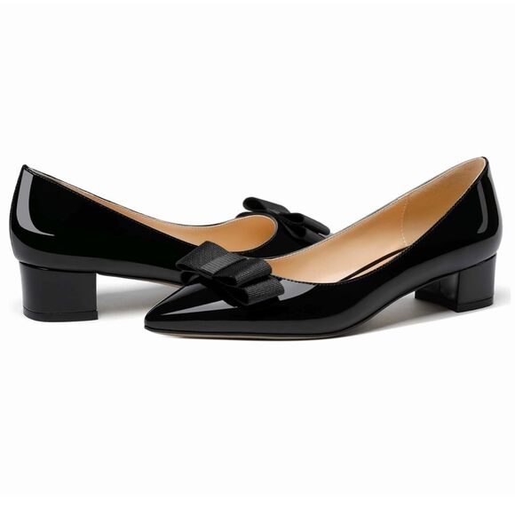 Modencoco Black Bow Patent Pointed Toe Chunky Low Heel Padded Shoes  Sz 7 NWT - Picture 1 of 9